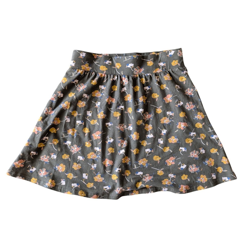 Pact NWT Organic Cotton Floral Mini Skirt Olive Green Yello Pocket Skater- XS